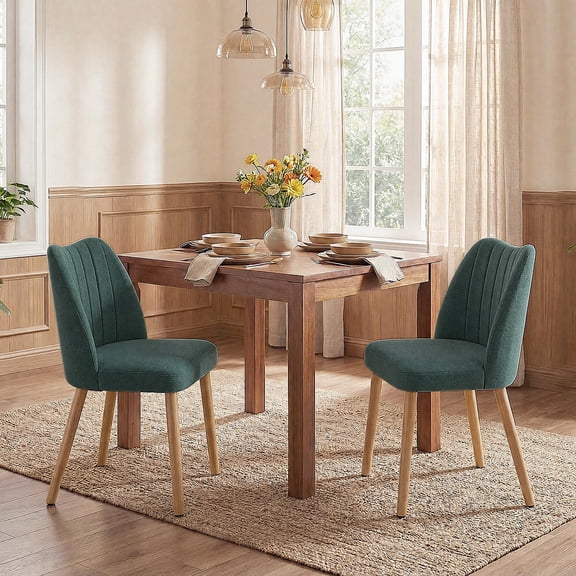 PYY Upholstered Dining Chairs Set of 2, Mid-Century Modern Linen Fabric Dining Chair with Solid Wood Legs, Dark Green