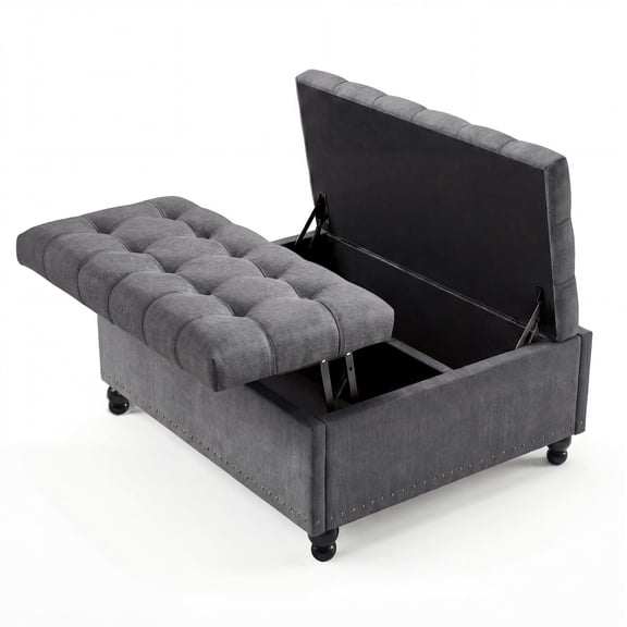 PYY Upholstered Square Bed End Bench with Hidden Storage, Multi-functional Linen Fabric Ottoman Coffee Table Footrest with Premium High-Density Sponge and Wood Legs, Gray