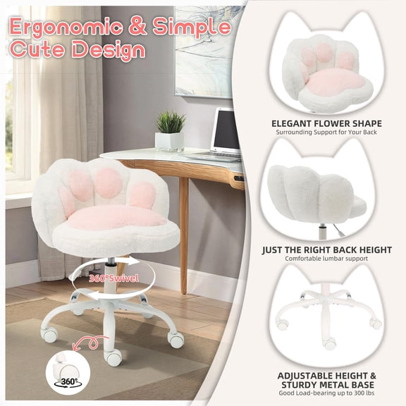 PYY Vanity Chair with Wheels,Cute Cat Paw Office Chair with Back, 360°Rotating Height Adjustable Armless Chair Small Desk Chair, Plush Cushion for Bedroom, Make-Up Room Home Office, White