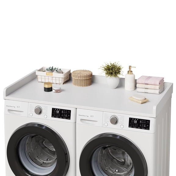 PYY Washer Dryer Countertop, 54.3" x 27.6" Wooden Laundry Countertop with Edge Rails, Washer and Dryer Topper for Laundry Room Organization and Storage, White