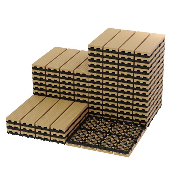 PYY Waterproof Interwoven Composite Deck Tiles - 12"x12" Patio Flooring, All-Weather, Non-Slip, Perfect for Outdoor & Indoor Use, Balcony, Porch, Pool, Backyard, Garden, Teak Finish, 27PCS/set