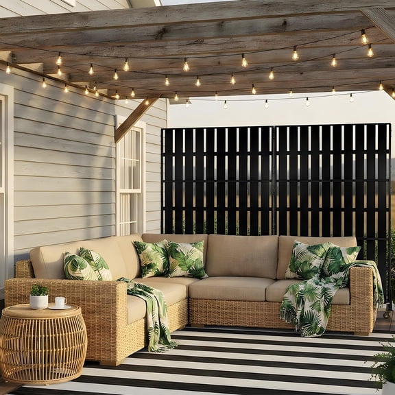 PYY Weather-Resistant 70-Inch 3-Panel Metal Privacy Screen Room Divider for Outdoor – Freestanding Decorative Fence for Patio, Balcony, Porch, Poolside – Rust-Proof Black Vertical Louver