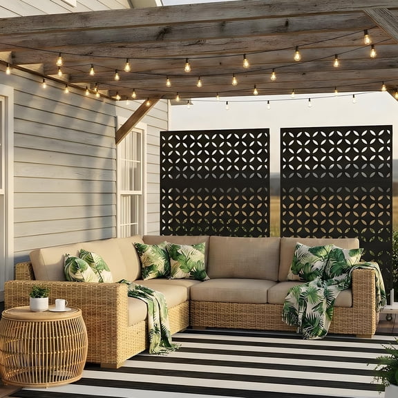 PYY Weather-Resistant 70-Inch 3-Panel Metal Privacy Screen Room Divider for Outdoor – Freestanding Decorative Fence for Patio, Porch, Poolside, Lawn, Garden – Rust-Resistant Black Copper Coin Design