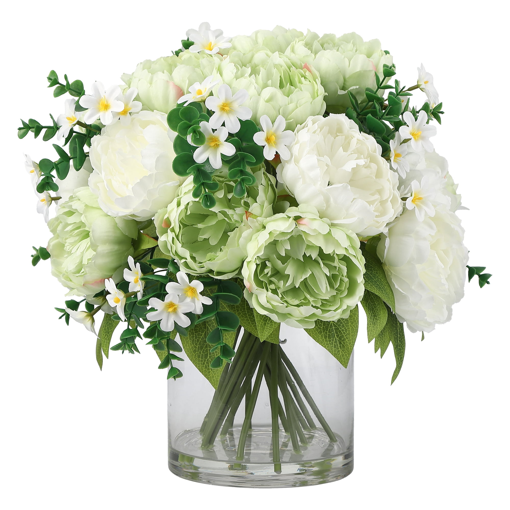 PYY White & Green Silk Peony Bouquet in Glass Vase with Faux Water – Elegant Artificial Flowers for Home Decor and Home Office, Wedding, Table Centerpiece