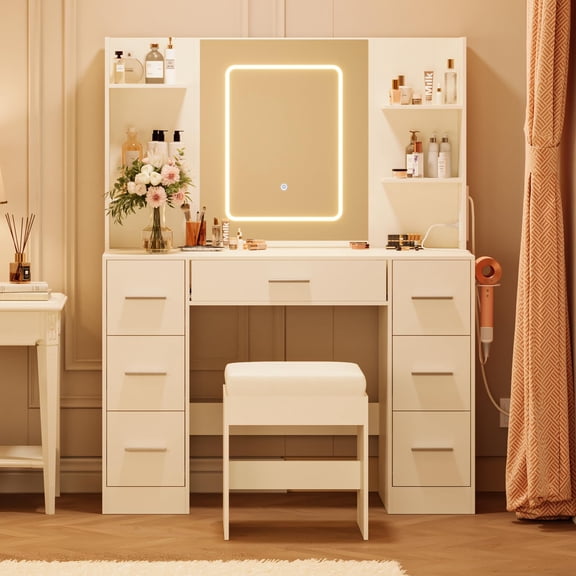 PYY White Makeup Vanity Desk with Mirror, Cushioned Stool  7 Drawers, 6 Storage Shelves, Dimmable Touch LED, 3 Lighting Modes, Power Outlet & USB, Hair Dryer Holder  Modern Bedroom, Home Office Set