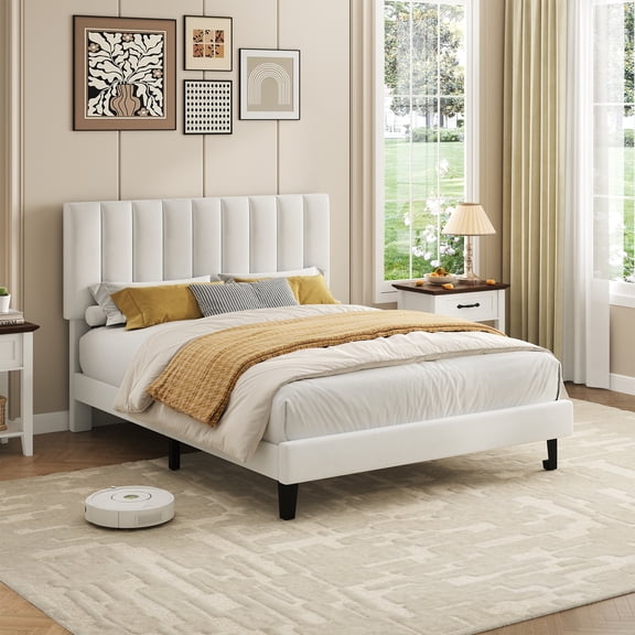 PYY White Upholstered Platform Bed Frame with Adjustable Tufted Headboard for Home Office, Suede Fabric, Sturdy Wooden Slats, No Box Spring Needed, Easy Assembly - Full Size, White