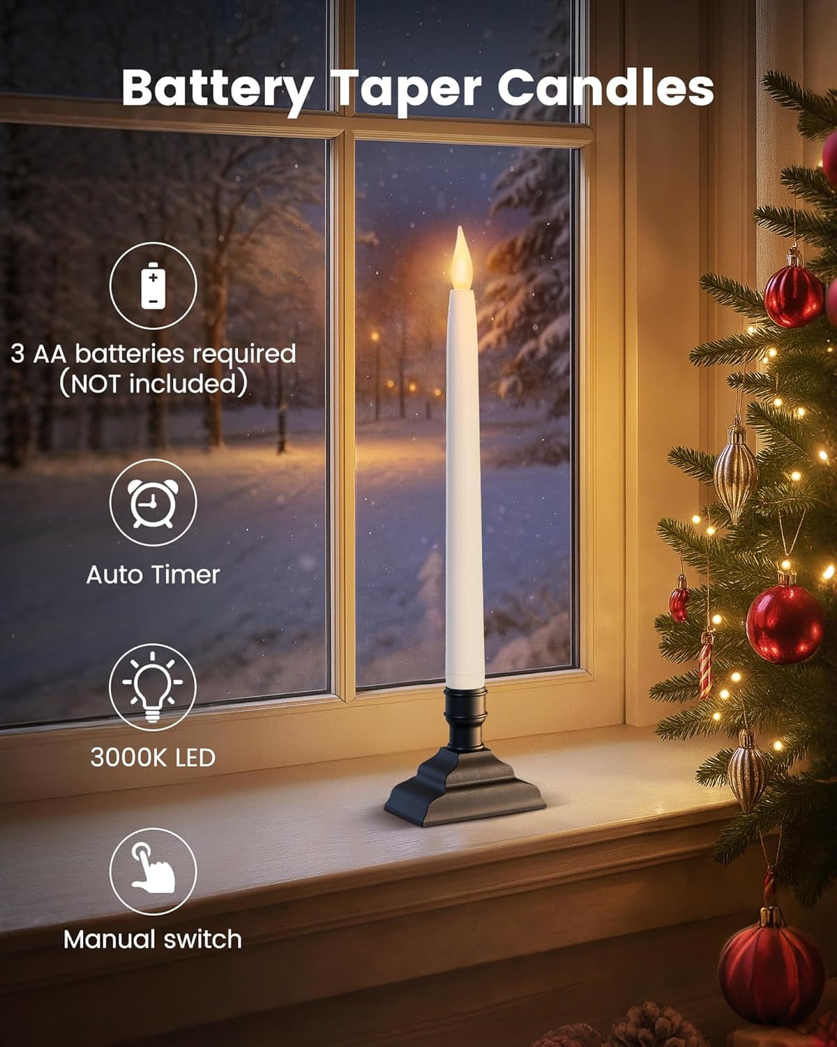 PYYAN-10.5'' Battery Window Taper Candles with Timer, 3000K Warm White ...