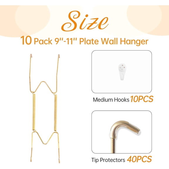 PYYAN-10 Pieces Wall Plate Hangers for Display, Suitable for 9-11 inch Art, Stainless Steel Invisible Heavy Duty Wire Plate Holder with 10 Pieces Wall Hooks