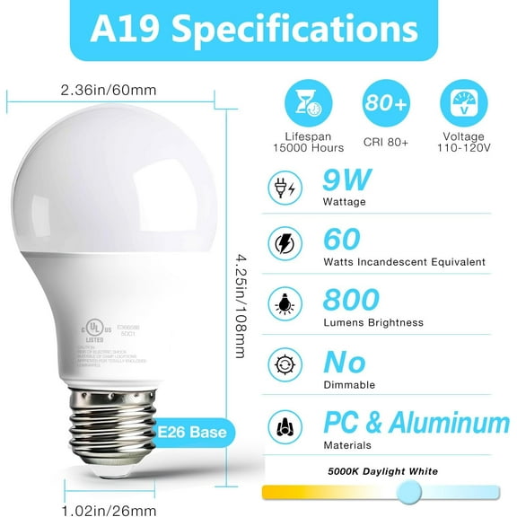 PYYAN-12 Pack A19 LED Bulbs, 9W Equivalent 60 Watts, E26 Base, 5000K Daylight White, 800 LM, Efficient Energy Saving Lights for Living Room, Office, 80+ CRI, 120V, UL Listed