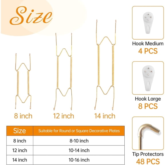PYYAN-12 Piece Stainless Steel Plate Hangers - 8/12/14 Inch Invisible Heavy Duty Wall Plate Holder with 12 Pieces Wall Hooks for 7.5 to 16 Inch Decorative Plates and Arts (Gold)