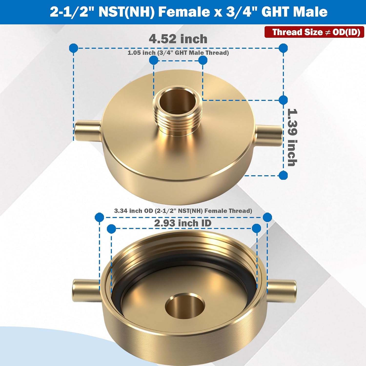 NOVINO Fire Hydrant Adapter - 2-1/2" NST Female To 3/4" GHT Male Brass Connector