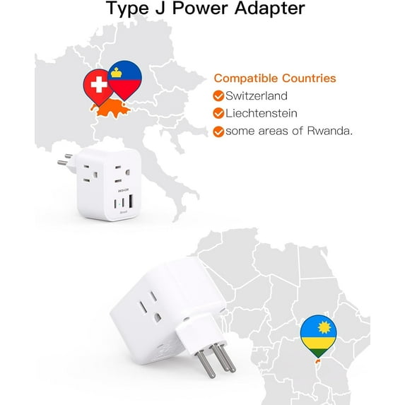 PYYAN-【2 Pack】 Switzerland Travel Plug Adapter, Type J Power Adapter with 3 Outlets, 3 USB Ports (2 USB C), Travel Essentials US to Switzerland, Rwanda, Liechtenstein
