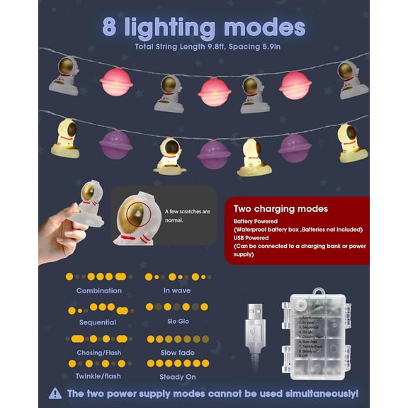 PYYAN-20 LED Planet Astronaut String Lights, Space Themed Room Decor for Boys Girls, 9.8Ft Galaxy Fairy Lights for Bedroom, Party, Classroom, Battery & USB Dual Powered (Warm Yellow)