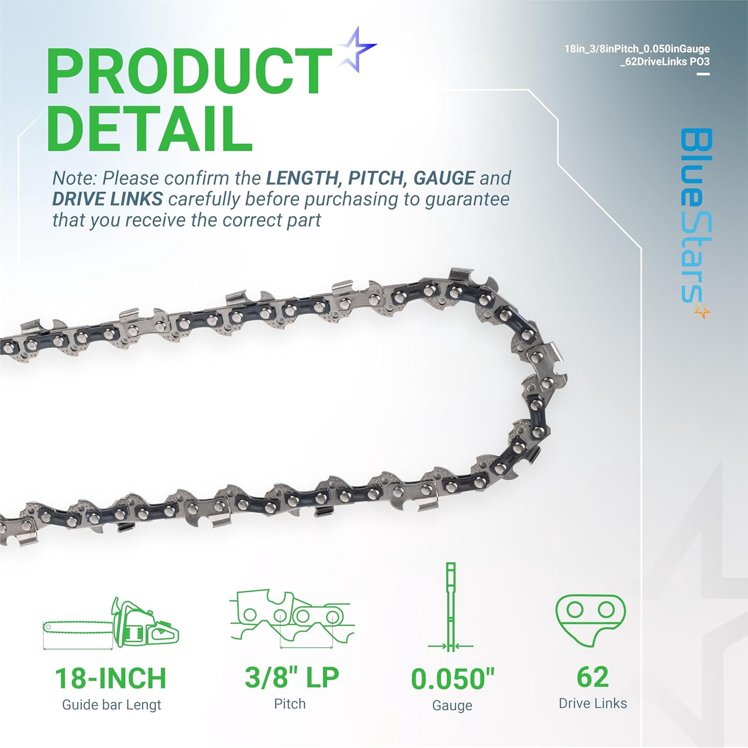 PYYAN-3 Pcs 18 Inch Chainsaw Chain 3/8" LP Pitch .050" Gauge 62 Drive ...