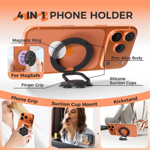PYYAN-4 in 1 Sticky Phone Grip Holder for Magsafe,Double Sided/Suction Cup Case Mount,Magnetic Phone Stand for iPhone 17/16/15/14/13/12 Pro Max,Vacuum Ring Holder for Kindle/Android/Tiktok Content Cr