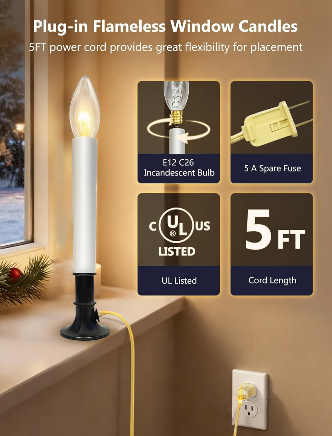 PYYAN-4 Pack Electric Window Candles Lights with Pewter Plated Base, On ...