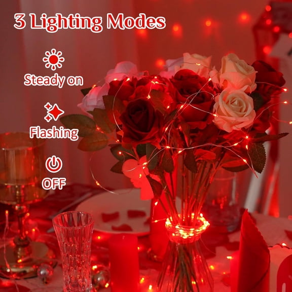 PYYAN-4 Pack Valentine's Day Fairy Lights Battery Operated, Each 16 ft 50 LED Red Mini String Lights, Sliver Wire Christmas Twinkle Lights Indoor
