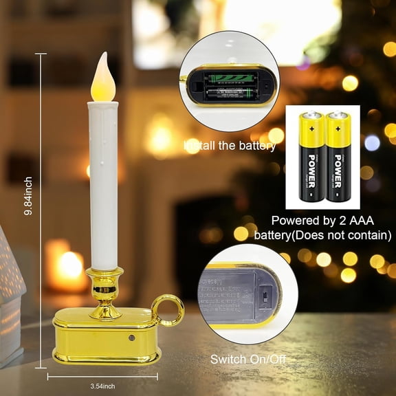 PYYAN-4 Pcs Christmas Electric Window Candles, 10 Inch LED Taper Candles Battery Operated with Sensor Dusk to Dawn, Gold Base
