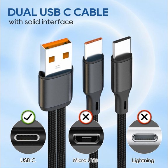 PYYAN-6.5FT Dual USB C Cable, 2 in 1 USB A to USB Type C Splitter Charging Cable, Multi Split USB C Charging Cable Wire, Braided Nylon Double USB C Cord Compatible with Samsung Galaxy Tablets 2 Pack