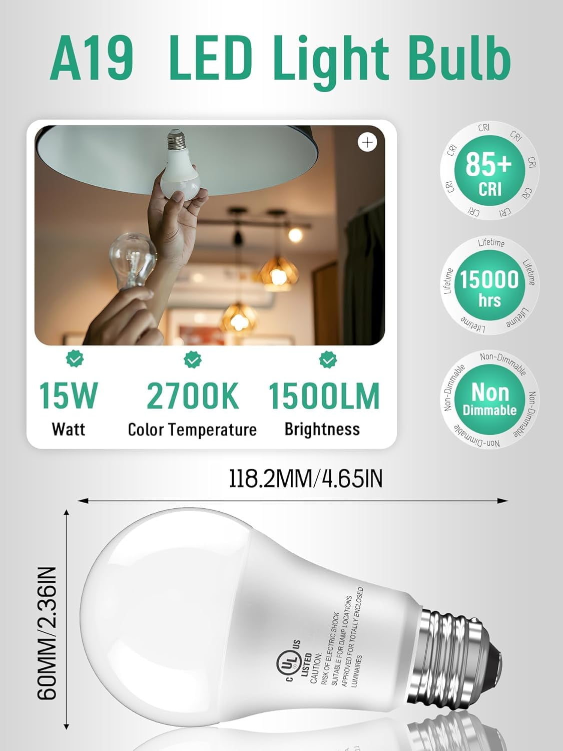 PYYAN-6 Pack LED Light Bulbs 100 Watt Equivalent, A19 15W 5000K Daylight, Super Bright White Light 1500 Lumens, E26 Standard No Flicker Energy Saving Lamp Bulb for Home, Bedroom, Office, Non-Dimmable