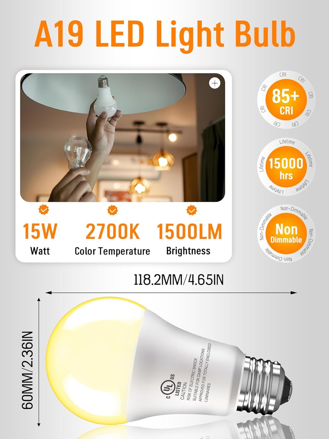 PYYAN-6 Pack LED Light Bulbs 100 Watt Equivalent, A19 15W Soft Warm White 2700K, 1500 Lumens Super Bright E26 Standard No Flicker Energy Saving Lamp Bulb for Home, Bedroom, Office, 15000 Hrs, Non-Dim