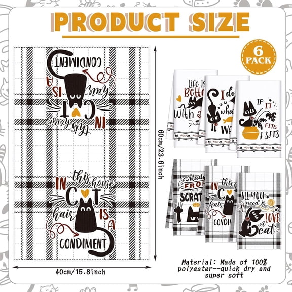PYYAN-6 Pcs Black Cat Theme Kitchen Towels Funny Dish Towel Black White Kitchen Hand Dishcloth Kitty Decorative Tea Dishcloth with Hanging Loop for Cat Lover Bathroom Home Housewarming Gift