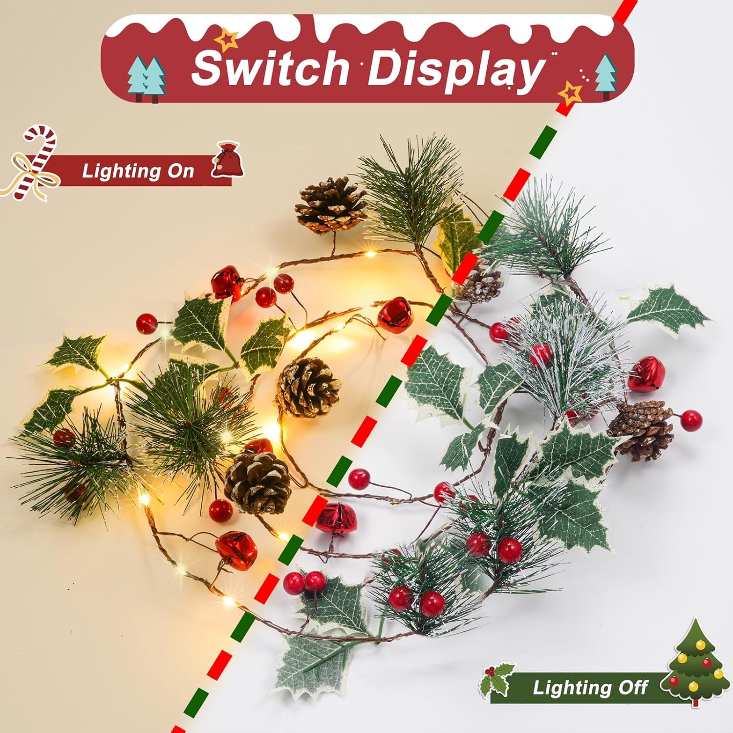 PYYAN-6FT Christmas Garland Pine Cones String Lights with 20 LED Red ...
