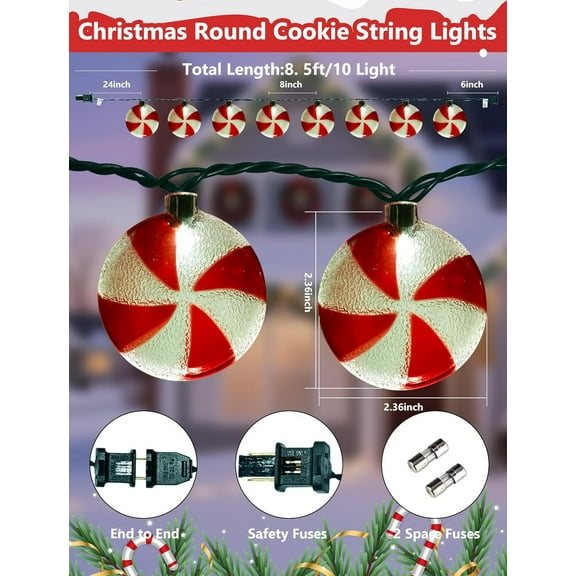 PYYAN-8.5Ft Christmas Candy String Lights, Old Fashioned Christmas Decorations Lights with 10 Red White Peppermint Candy Light Bulbs, Vintage Candy Ornaments Light for Xmas Tree Outdoor Indoor Party