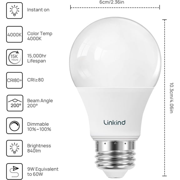 PYYAN-A19 LED Light Bulbs, 60W Equivalent Dimmable Light Bulbs, 4000K Cool White, 9W 840 Lumens LED Bulbs, E26 Standard Base 120V, Lighting for Bedroom Living Room Home Office, 6 Packs
