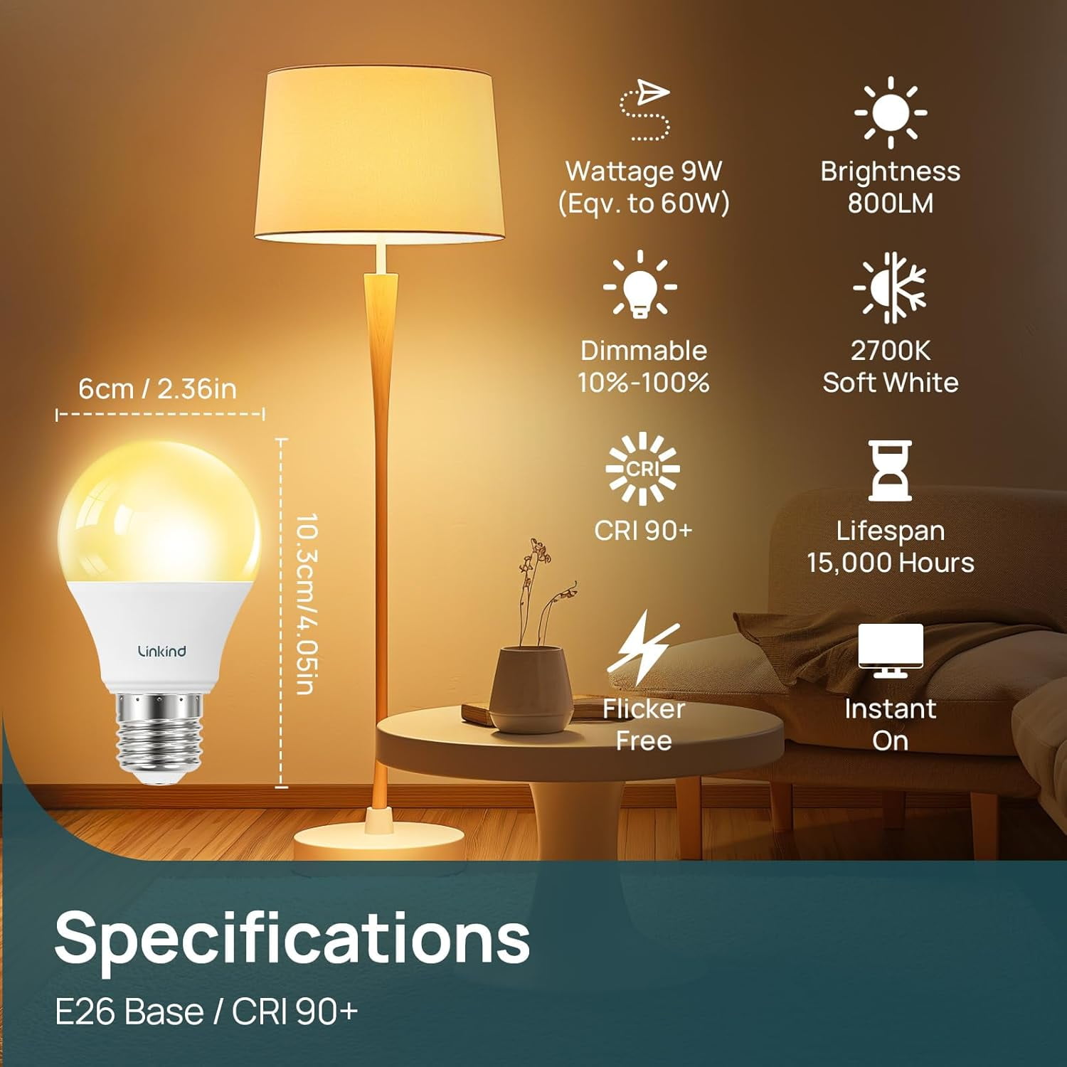 PYYAN-A19 LED Light Bulbs Dimmable, 60W Equivalent, 2700K Soft White LED Light Bulbs, High CRI90, 9W Energy Efficient 800 Lumens, E26 Base, UL Listed, Lighting for Bedroom Living Room, 6 Packs