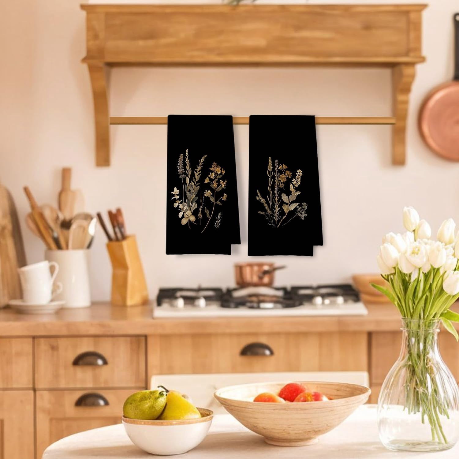 PYYAN-Boho Vintage Botanical Kitchen Towels Set of 2, Rustic Elegant ...