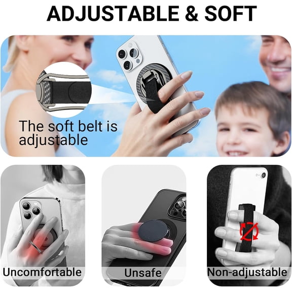 PYYAN-Ergonomic Design for MagSafe Phone Grip with Adjustable Soft Strap & 360 Rotatable Stand, Magnetic Phone Grip Finger Loop for Phone Case, Mag Safe Ring Holder for iPhone 17 16 15 14 13 12, Bla