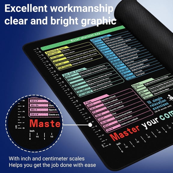 PYYAN-Excel Cheat Sheet Desk Pad 31.5x11.8 - Waterproof Desk Mat with Inch Scale,Contain 12 Types of Common Skill in Excel and Word,Large Excelpad Shortcut Mousepad Gaming Mouse Pad for Office Comput