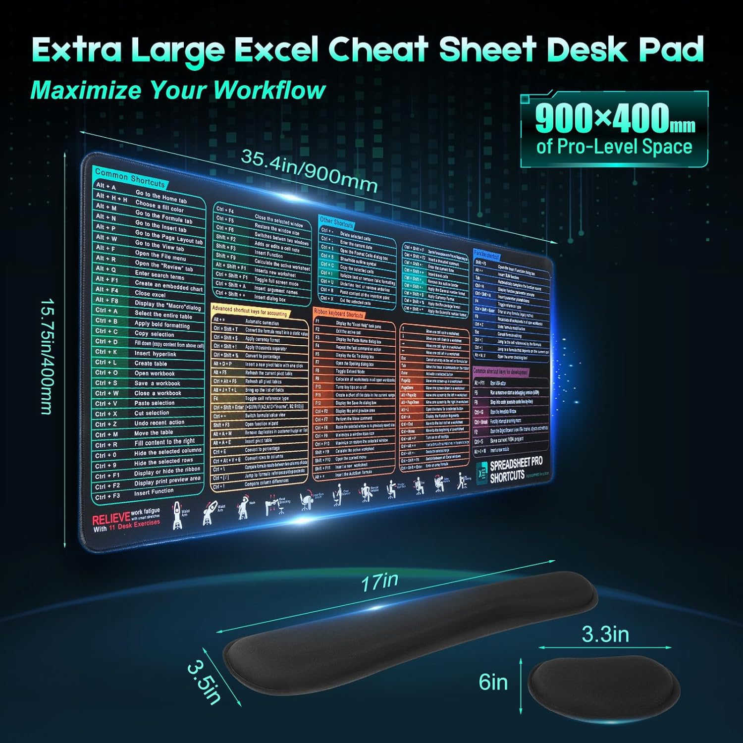 PYYAN-Excel Cheat Sheet Mouse Pad | Large Non-Slip Desk Mat with ...