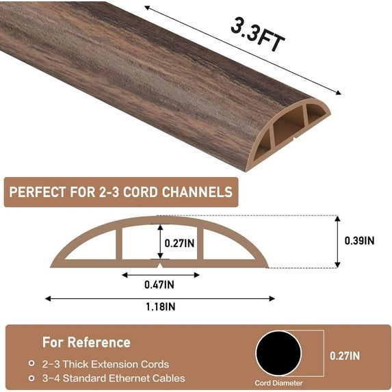 PYYAN-Floor Cord Cover Self Adhesive Cord Hider Floor Extension Cord Covers for Floor Power Cord Protector Cable Management Prevent Cable Trips Cable Cavity 0.47" W x 0.27" H (Smoked Brown Wood, 3.3F