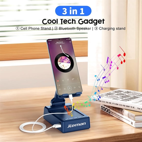 PYYAN-Gifts for Men Women,Cell Phone Stand with Bluetooth Speaker,Cool Tech Gadgets,Unique Birthday Gifts for Men Husband Mom Dad-Blue