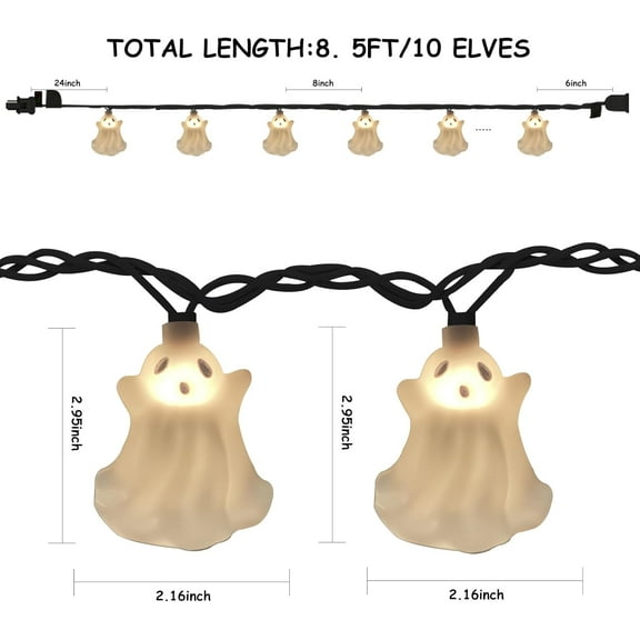 PYYAN-Halloween Ghost String Lights, 8.5Ft Outdoor Halloween Decorations Lights with 10 White Ghosts Lights Waterproof, Hanging Ghosts Fairy Lights UL Listed for Patio Garden Backyard Party Bedroom W