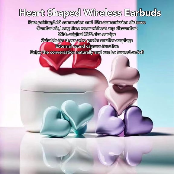 PYYAN-Heart Shaped Earbuds, BT 5.3 HiFi Stereo Sound Noise Canceling Earphones with Charging Case, Cute in Ear Earbuds for Lover Couples for Valentine Sport Travel ()
