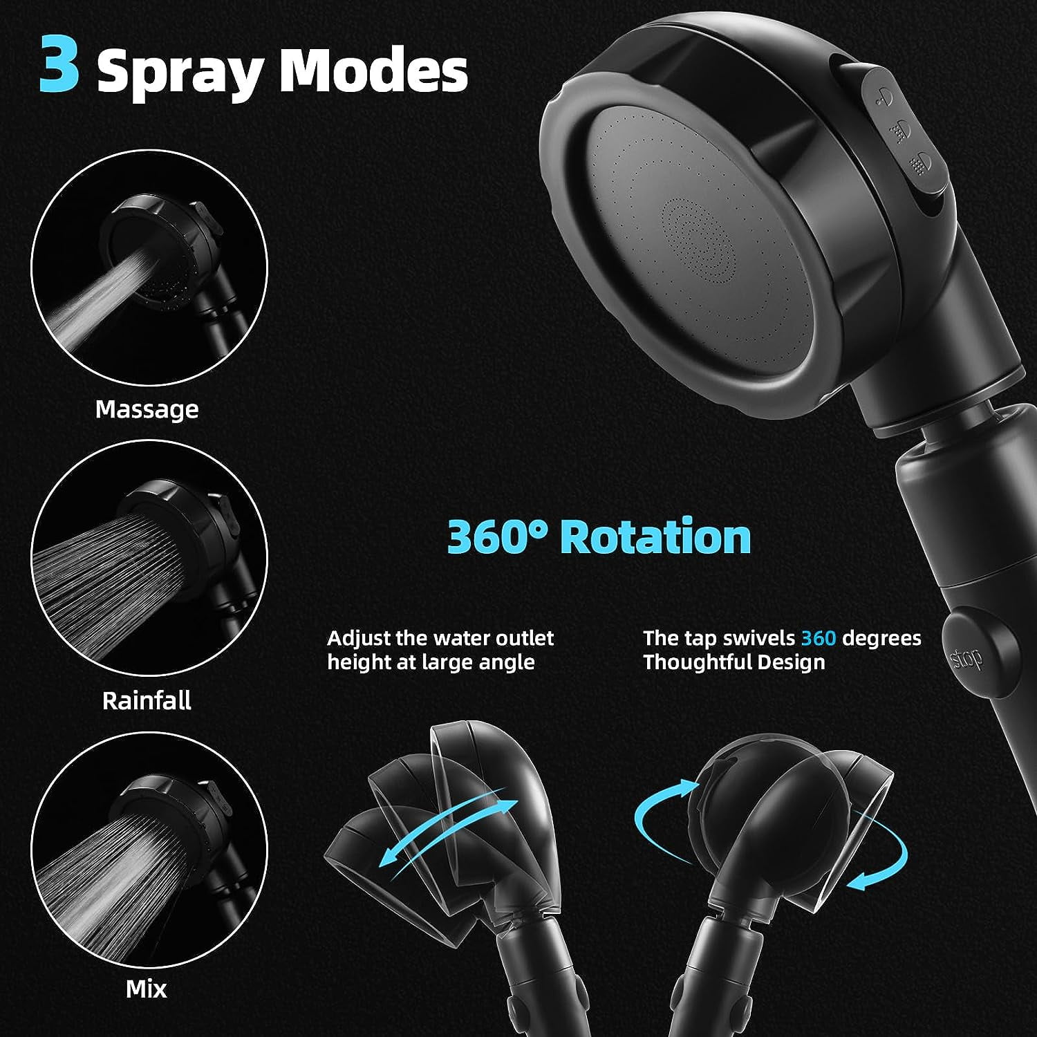 PYYAN-High Pressure Shower Head, 3-Settings Handheld Showerhead with ON