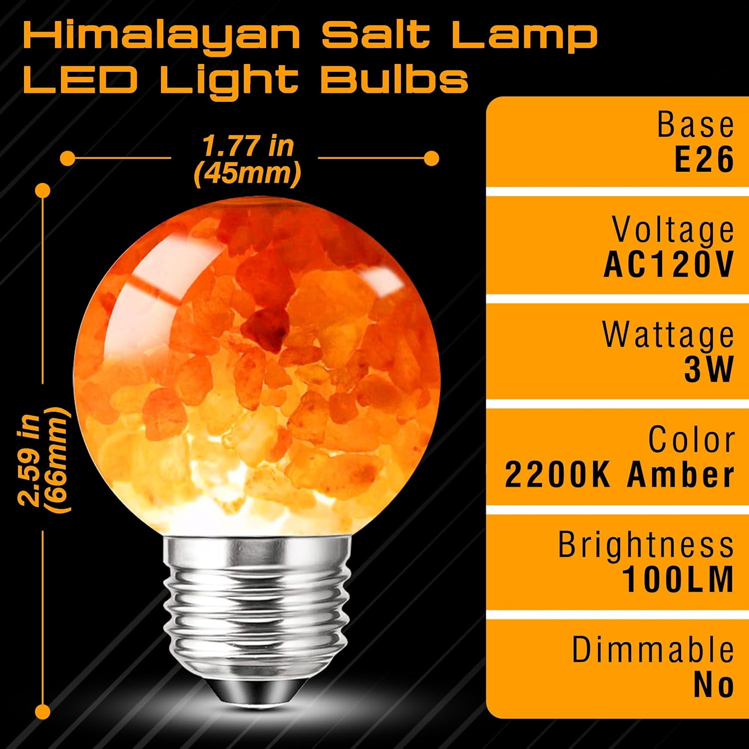 PYYAN-Himalayan Salt Lamp LED Light Bulbs, E26 2200K Warm Amber Pink, 3W Mood Lighting Night Light, E26 G45 Salt Rock Stress Relief Bulbs for Bedroom, Decor, Sleep Light, Non-Dimmable, 2pack