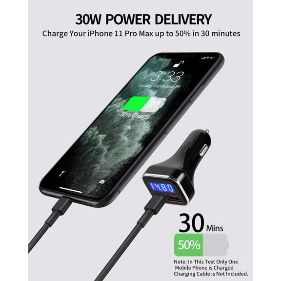 PYYAN-Jebsens USB C Car Charger Adapter with Voltage Display, 30W Cigarette Lighter Type C Fast Charge Power Delivery & Quick Charge 3.0 (PD & QC), Volt Meter Battery Monitor, Compatible with iPhone