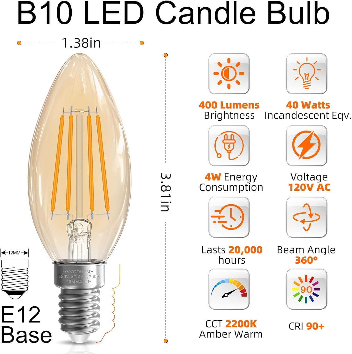 PYYAN-LED Candelabra Light Bulbs, 40 watt Equivalent Chandelier Bulbs, E12 LED Bulb Dimmable, 2200K Amber Warm, B10 Candle Light Bulb, 90+CRI, 400LM, Amber Glass Finish, 6 Pack