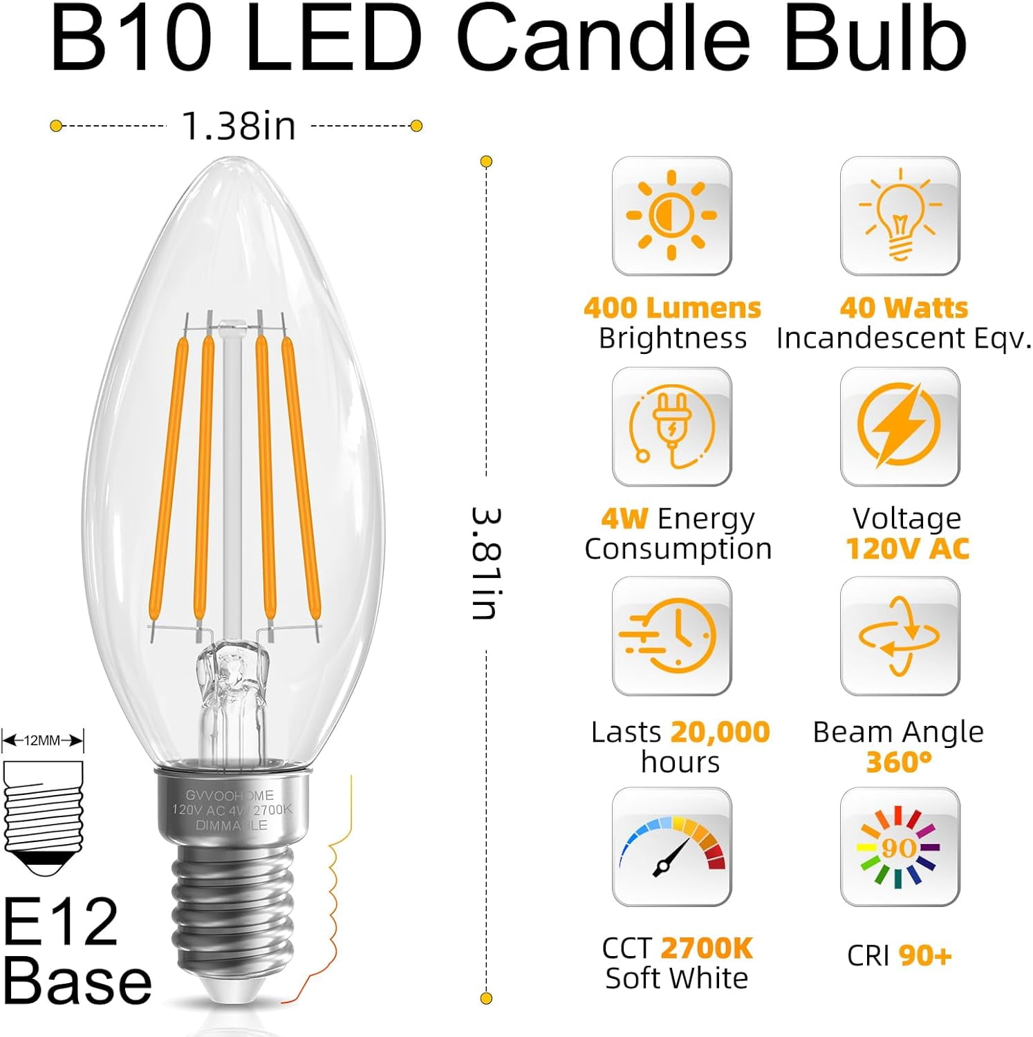 PYYAN-LED Candelabra Light Bulbs 40 watt Equivalent, Dimmable E12 LED Bulb, 2700K Soft White B10 Candle Bulb, Chandelier Light Bulbs, 90+CRI, 400LM, Clear Glass, 6 Pack