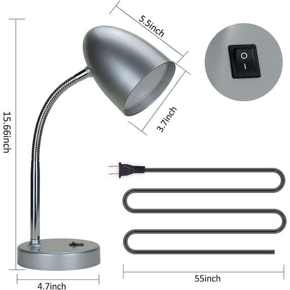 PYYAN-LED Desk Lamp, Flexible Gooseneck with Table lamp, 3.5W 240LM 4000K Cool White Study Lamps for Bedroom and Office, Eye Protection, ETL Listed Silver