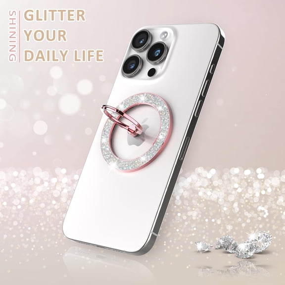 PYYAN-Magnetic Phone Ring Holder for MagSafe Cell Phone Grip Stand Finger Ring Stand Compatible with iPhone 17 16 15 14 13 12 Pro Max MagSafe Accessories Android. (Glitter Rose Gold)