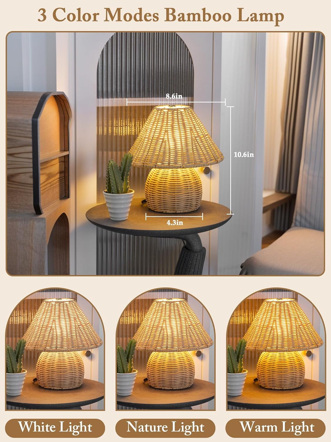 PYYAN-Mini Boho Lamp Rattan Lamps,3 Colors Modes Vintage Wicker Light ...