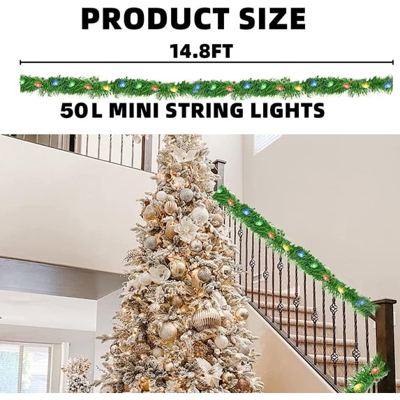 Library Ladder Railing PYYAN-Nerosun 14.8 FT Artificial Christmas Garland, 50 Pre-Lit LED Mini ...