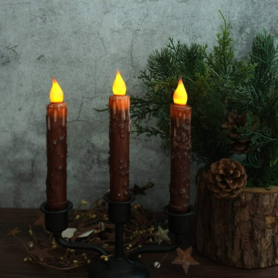 CVHOMEDECO. Real Wax Hand Dipped Battery Operated LED Timer Taper Candles Rustic Primitive Flameless Lighting Decor, 4-3/4 Inch, Ivory, 6PCS in a Package