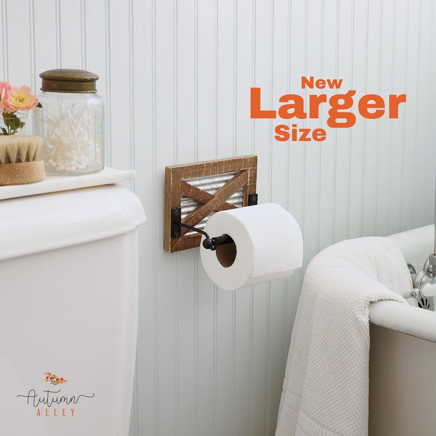 Autumn Alley Rustic Farmhouse Toilet Paper Holder – Wall-Mounted Barn Door Design With Warm Weathered Wood, Galvanized Metal & Matte Black Hardware (Mega Roll Compatible)