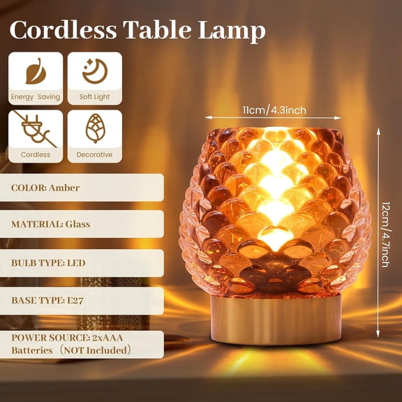 PYYAN-Small Table Lamp with Timer,Cordless Battery Operated Lamp with LED Bulb,Glass Battery Powered Lamp for Bedroom/Bathroom/Kitchen/Dining,Living Room Decoration for Corner,Bedside(Amber)